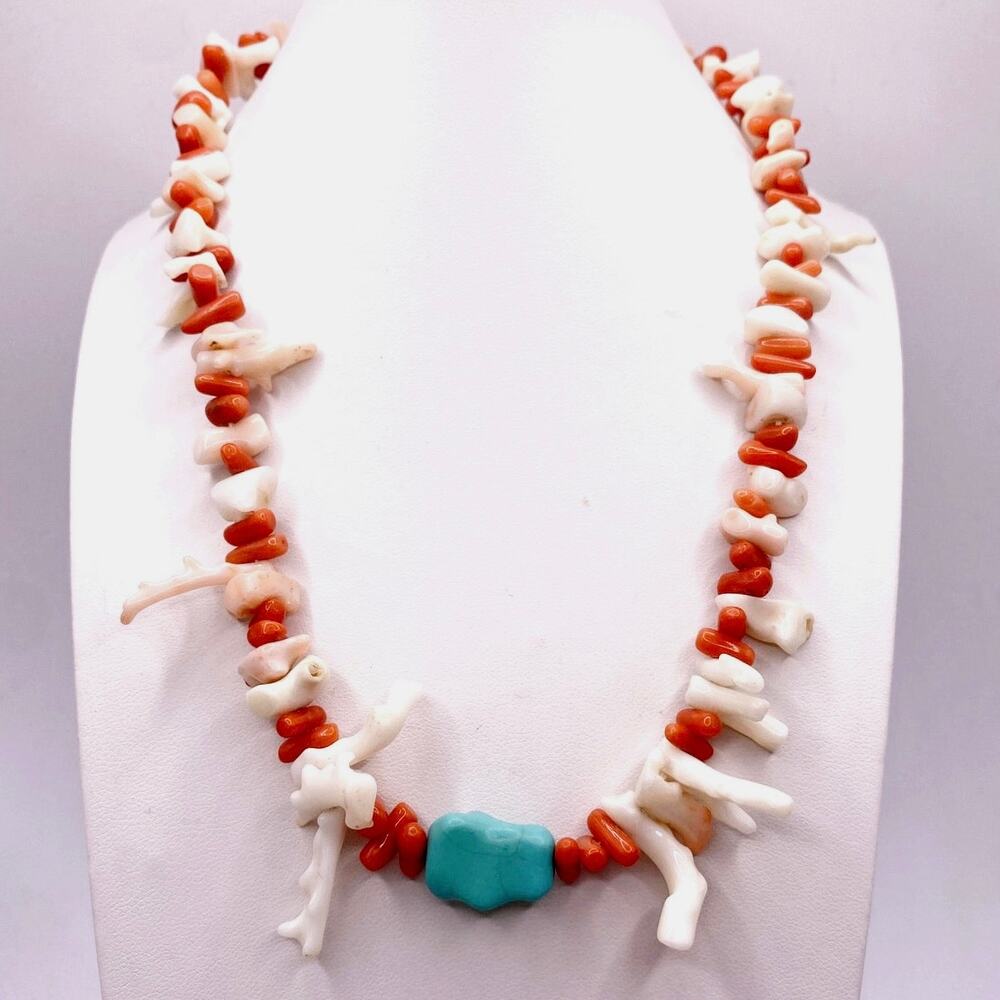 Vintage white And Pink Coral Necklace with Turquoise 16” Handmade